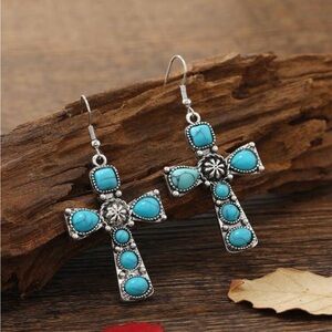 NWT Bohemian Western Turquoise Cross Dangle Earrings